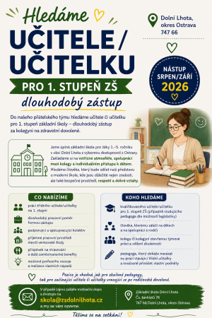 Hledá se učitelka pro 1.stupeň ZŠ 1